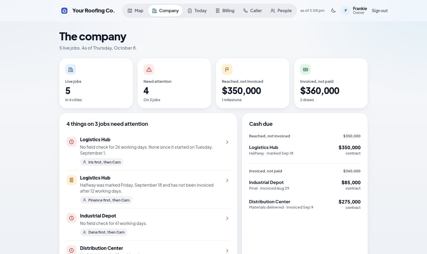 The crew app's company view: live jobs, what needs attention, and cash due